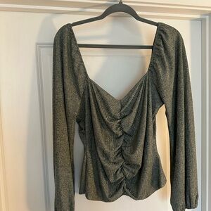 NSR Metallic Charcoal Ruched V-Neck Long Sleeve Top
